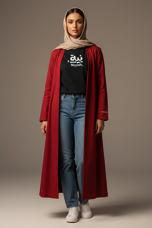 YAMZAI Premium Red Lightweight Modest Longcoat – Ramadan Exclusive Layer